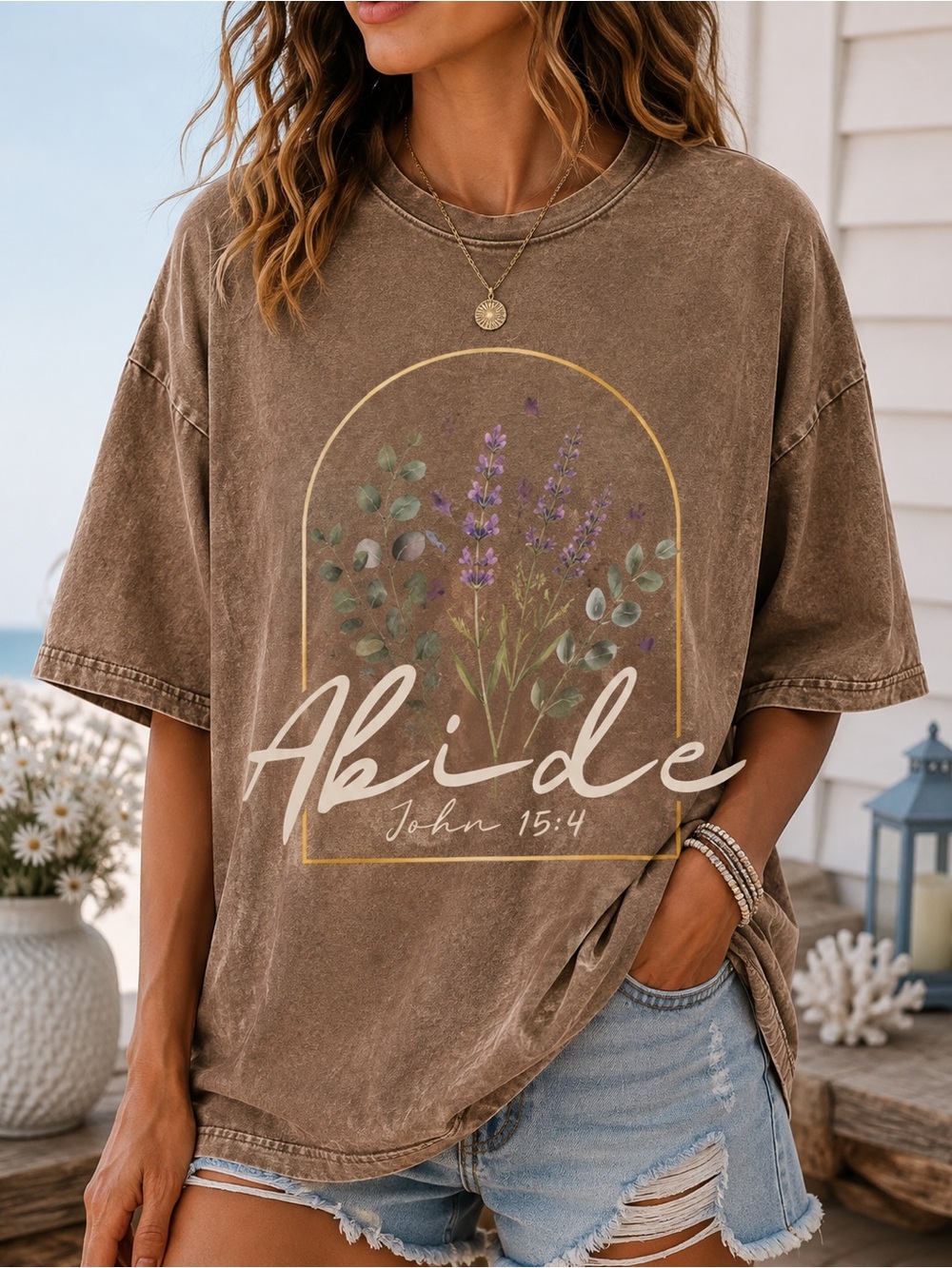 Abide John 15:4 Christian Oversized Vintage Wash Graphic Tee